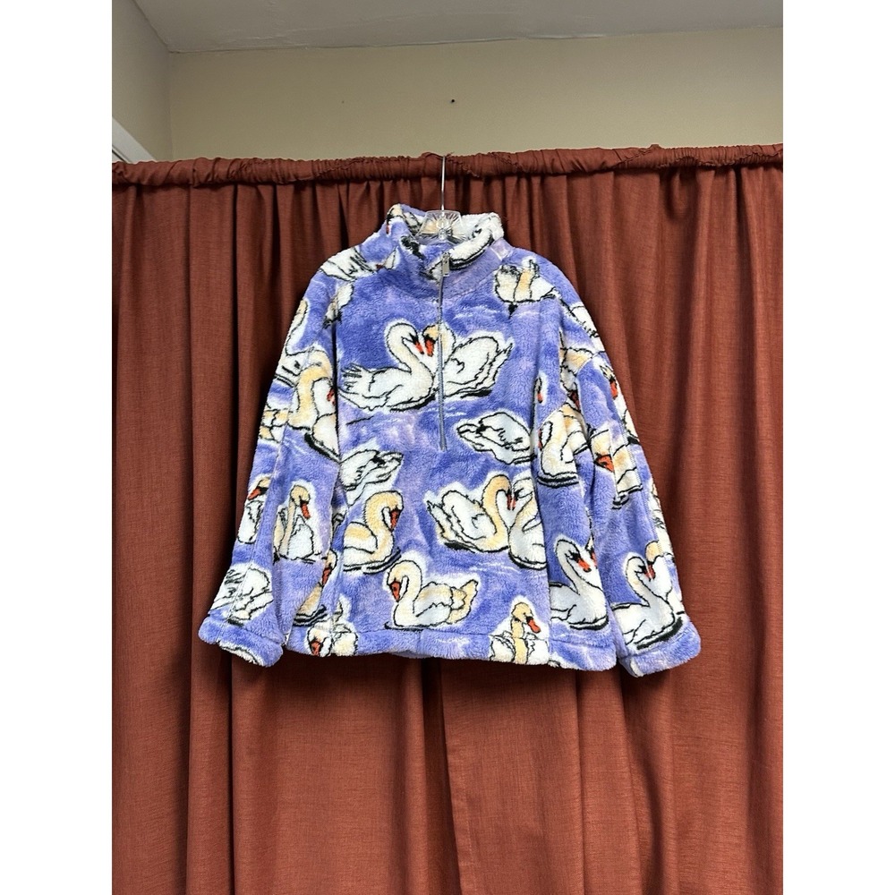 Next Womens Swan Print Borg Teddy Fleece Half Zip Jumper Purple Size L